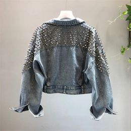 Dames denimjack met klinknagelveer herfst streetwear lange mouwen zakken dames Jean Jackets losse korte outdarnen femme 240322