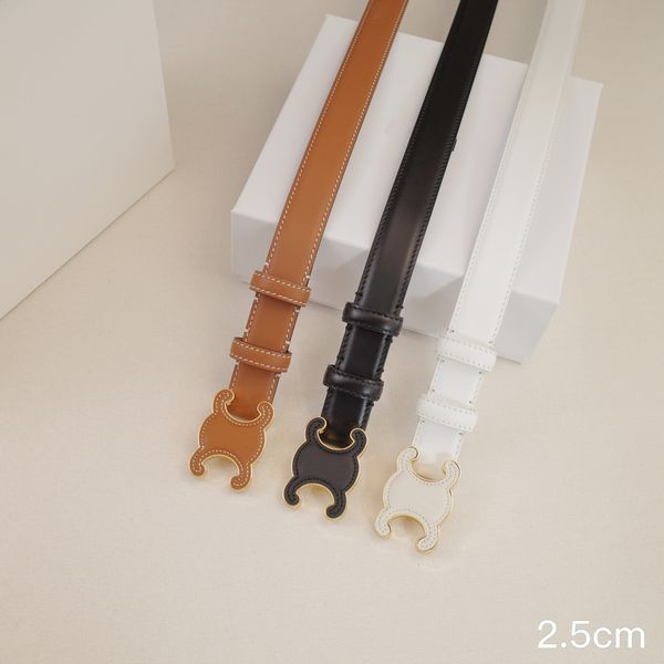 Cinturón de diseñador para mujer Cinturones de cuero genuino 2,5 cm de ancho Ocio Hebilla de piel de vaca lisa Faja de cintura delgada Negro Marrón Colores blancos Pretina de lujo opcional 90-115 CM