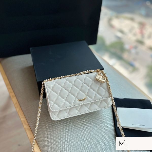 Designer pour femmes portefeuille d'accordéon en cuir caviar sur sacs de chaîne en métal doré matériel crossbodybags à main