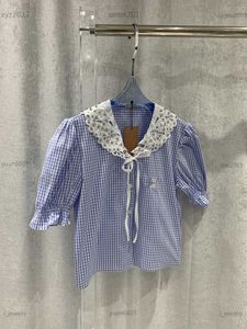 dames designerkleding Holle kanten reversoverhemd Damesblouse met korte mouwen Maat S-L Veterontwerp bij de halslijn meisjesoverhemd July10