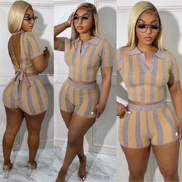 Dames Designer Kleding Trainpakken Tweede stuk outfits Mode Pit Stripe Printing Sexy Open Back Short Sleeve Shorts Two -Pally Set