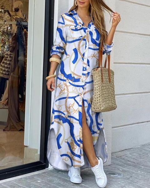 Womens Designer Dress Fashion Casual Robes Printemps Automne Vêtements Femmes Full Printing Revers Neck Loose Maxi Dress with Pocket Plus Size Long Sleeve Clothing