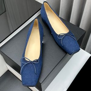 Dames designer nette schoenen Ballerina's Vierkante tenen Dikke hak Mary Jane schoenen Strik Metaal Denim blauw Loafers Lamsleer Instappers Muiltjes Sandalen Alle seizoenen