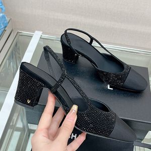 Zapatos de vestir de diseñador para mujer Punta cuadrada Sandalias de tacón alto grueso Vamp completo Cuero con diamantes de imitación Contraste Color Verano Slingback Sandalia negra