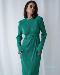 Femmes Designer Robes Vert Femmes Longue Robe Élégante Plissée Évider Soirée Dames Cheville-Longueur O-cou Dos Nu Printemps