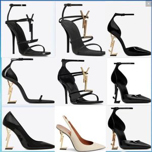 Dames Designer Hoge Hakken Schoenen 10cm Glanzend Leer Puntige Neus Luxe Jurk Strappy Sandalen Rode Onderkant Vrouw Hakken Goudkleurige Monogram