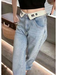 Dames designer skinny jeans met hoge taille, wit reversletterontwerp en rechte denimbroek