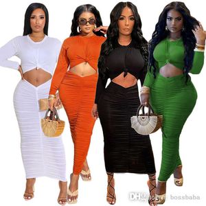 Womens Designer Plooited Bodycon Jurken Korte Mouw Lange Rok Twee Stuk Set Casual Effen Kleur Mode Jurken Dameskleding S-XL