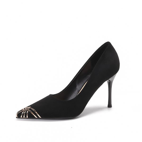 Sandalias de diseñador para mujer Tacones altos en punta negros Fiestas de banquetes Tacones finos de gamuza Tacones altos Caja de zapatos Altura del tacón 9 cm Tamaño 35-43