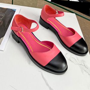 Dames designer sandalen Platte dikke hak Mary Jane schoenen Mary Jane kalfsleren sandalen Patchwork kleurcontrast ballerina's Metalen enkelverstelbare gesp Geklede schoenen