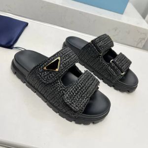 Diseñador para mujer Diapositiva Ganchillo Cuñas Diapositivas Plataforma tejida negra Sandalia Zapatilla de paja Verano Dos correas Confort plano Mula Playa Piscina U2Kq #