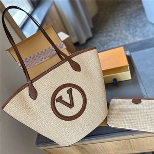 Womens Designer stro schoudertas zomer strandtas luxe emmer handtas met klein zakje gras boodschappentassen vakantie causale handtassen