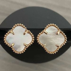 Boucles d'oreilles de créateur pour femmes en acier titane plaqué or rose, boucle d'oreille en argent pour femmes, coquille incrustée d'onyx 4 trèfle à quatre feuilles, bijoux de luxe de 15MM de largeur