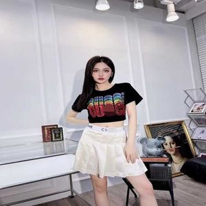 Womens Designer t shirt Shirt Family High Quality 2023 Spring/Summer Style Heavy Duty Rainbow Beads Double Shadow Round Neck Sleeve T-shirt for Women