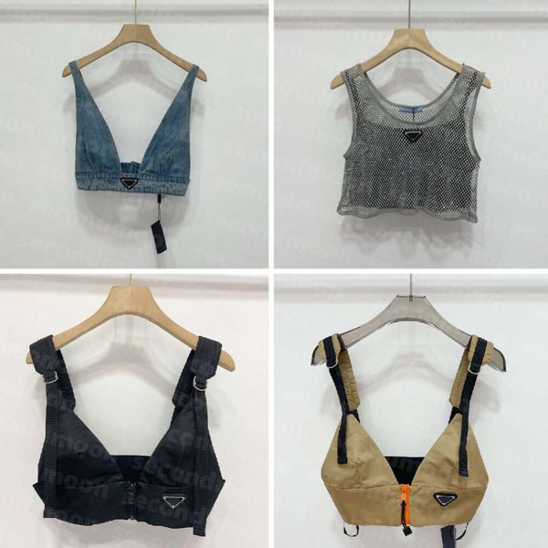 Femmes Designers T-shirts Sous-vêtements avec triangle en métal Badge Sexy Deep V Denim Sling Tube Tops Femmes Vêtements 031