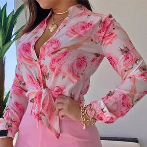 Womens Digital Printing Blouses Mode Trend Casual Stand Collar Cop Tops Chiffon Shirts Designer Famale Spring Lange Mouw Solide Shorts