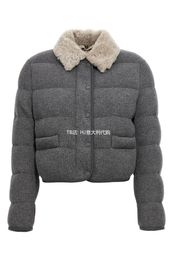 womens down Brunello Autumn and Winter Cucinelli Cashmere Long Sleeved Short Down Jacket Pocket Fur Collar Coats Gray Beige