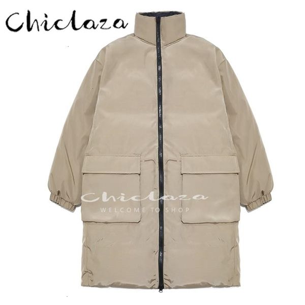 Parkas de plumón para mujer CHICLAZA, chaqueta de invierno negra de doble cara para mujer, chaqueta informal de manga larga con bolsillo y cremallera, abrigo Parka holgado cálido 221113