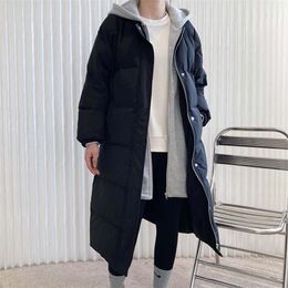 Dames naar beneden Parkas Fake Tweed Piece Hooded White Duck Down Coat for Ladies Autumn Winter Solid Color Over the Knee Casual Jacket Fashion 220929