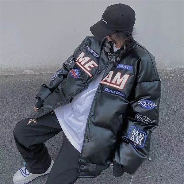 Femmes Down Parkas Hip Hop Bomber Jacket Femme Varsity PU Vestes en cuir Manteaux d'hiver American Street Retro Racing Car Jacket 220930