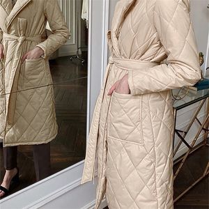 Dames naar beneden parka's lange rechte winterjas met rhombus patroon casual sashe parkas diepe zakken op maat gemaakte kraag stijlvolle bovenkleding 221010