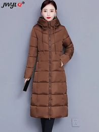 Dames donsparka's Oversize 5xl Sneeuw Winddicht Slijtage Slanke capuchon Lange winter Elegante overjas Effen Koreaans katoenen jassen Warme gewatteerde jassen 231023