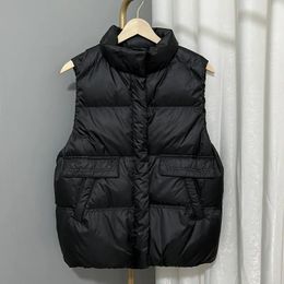 Parkas de plumón para mujer, chaleco sin mangas con cuello levantado, abrigo ligero corto de un solo pecho, camiseta sin mangas de pato blanco, Top de Color sólido 230927