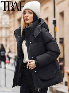Femmes vers le bas Parkas TRAF mode Super grand parc académie Style Simple à capuche col debout automne hiver coton manteau 231118