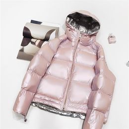 Dames donsparka's trendy helder gezicht washfree dubbelzijdig witte eend ontwerp korte capuchon roze winterjassen pufferjack 220914