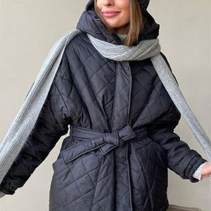 Femmes vers le bas Parkas chaud solide veste à manches longues taille ceinturée veste d'hiver femmes automne mode décontracté manteaux à capuche femme coton matelassé vêtements 220921