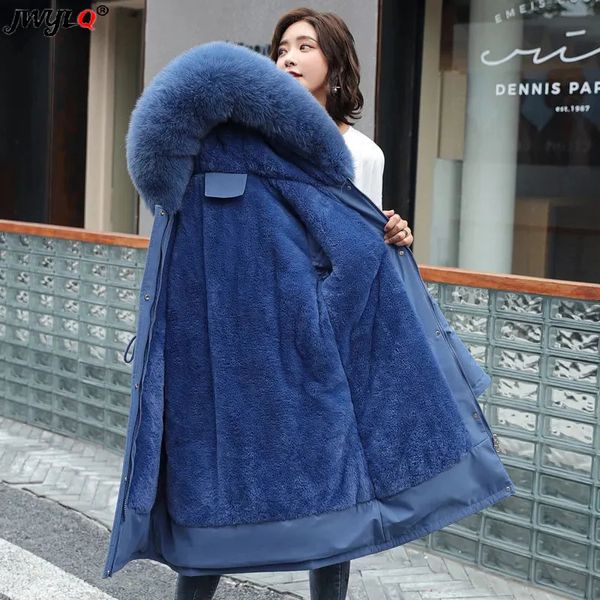 Femmes vers le bas Parkas hiver à capuche col de fourrure Extra Large 6xl Long manteau mode coréenne doublure en laine chaud Street Wear veste décontracté en mousseline de soie Park 231120
