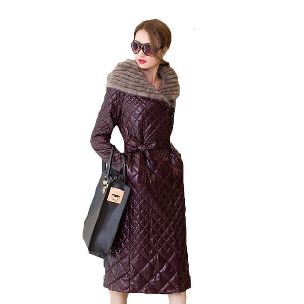 Femmes vers le bas Parkas vestes d'hiver femmes col de fourrure à capuche en cuir veste femme de haute qualité Long manteau épaissir chaud 231018