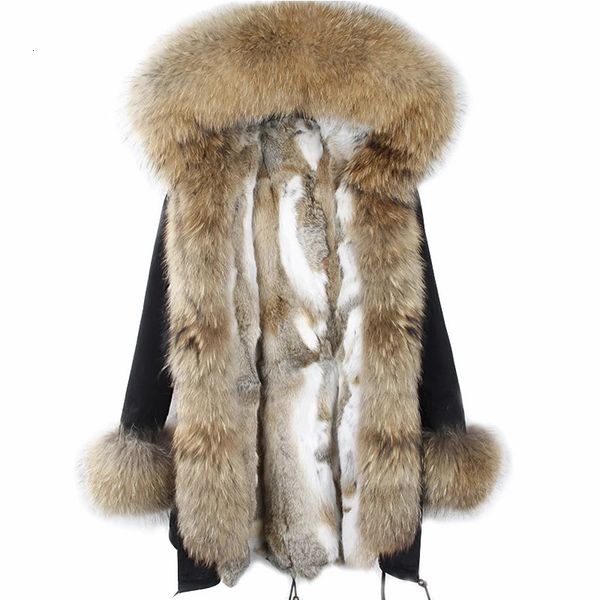 Mujeres Down Parkas Winter Real Rabbit Fur Coat Mujeres Long Parka Ejército Negro Big Naturaleza Big Naturaleza Chaqueta de cuello con capucha