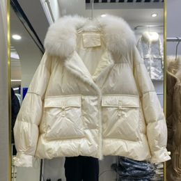 Parkas de plumón para mujer, Parkas de invierno para mujer, piel de zorro auténtica, chaqueta de pato blanco 90%, abrigo corto acolchado para mujer, abrigos Parka Vintage de retazos de visón 231129