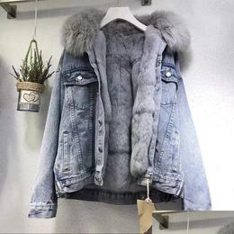 Femmes Down Parkas Hiver Femmes Chaud Manteau De Base Grand Col De Fourrure Denim Veste Femme Froid Moto Vestes Manteaux Polaire Épais Casu Dh9Py