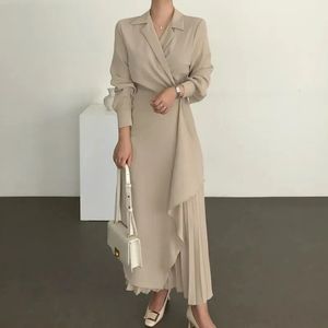 Damesjurk 2023 geplooide formele elegante shirt lange jurk kantoor dames moslim retro effen kleur avondjurk 240313