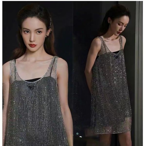 Vestido de mujer, vestido de tirantes de satén negro, vestidos de chaleco hueco brillante con diamantes de imitación, conjunto de 2 uds, blusa sin mangas para mujer, ropa