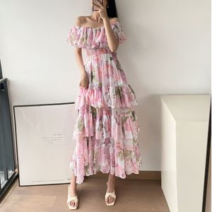 Damesjurk Katoenen roze off-shoulder jurk met bloemenprint en lange jurk met franjes