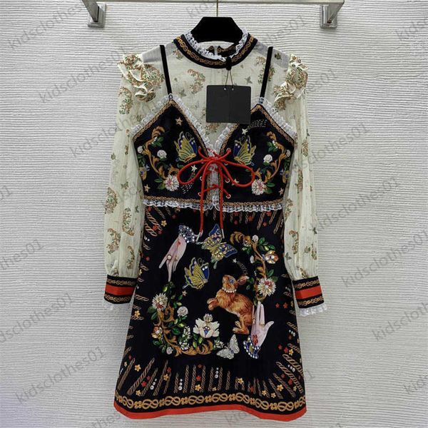 Vestido para mujer Desmontable Adorno de encaje Superposición Tirantes pequeños Vestido de manga larga Taladro caliente de lujo Impreso Borde de volantes Decoración Cuello alto Maxiskit Diseñador