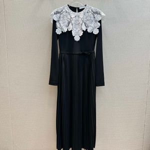 Damesjurk Europees modemerk Zwarte kanten patchwork geplooide jurk met lange mouwen en geplooide taille
