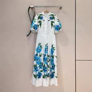 Damesjurk Europees modemerk Katoen, witte bloemenprint, midi-shirt met korte mouwen en verzamelde taille