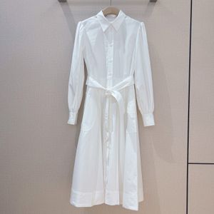 Robe femme marque de mode européenne coton blanc revers à manches longues taille froncée chemise robe midi