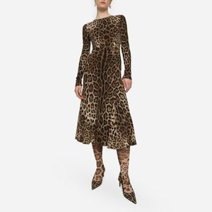 Robe pour femmes, marque de mode européenne, manches longues, taille froncée, ligne A, robe imprimée léopard en soie véritable