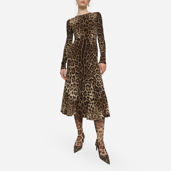 Vestido de mujer de marca de moda europea, manga larga, cintura fruncida, línea A, vestido estampado de leopardo de seda real
