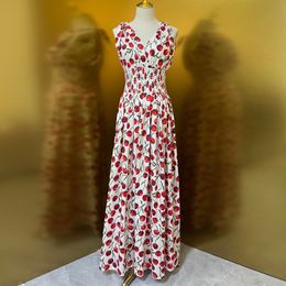 Damesjurk Europees modemerk mouwloos geplooide witte katoenen lange jurk met kersenprint