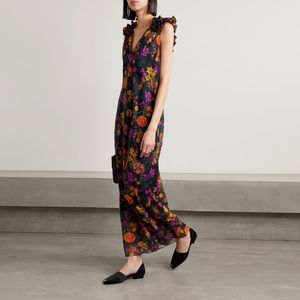 Robe pour femmes Brand de mode Silk V Neck Floral imprimé 3d Décoration florale longue robe à glissement