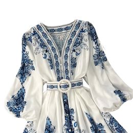 Damesjurk Fashion jurk bloem geprinte whitedress beroemde hete designer jurken zomer v nek casual losse vaste kleding blauw strand kleding maat s-xl