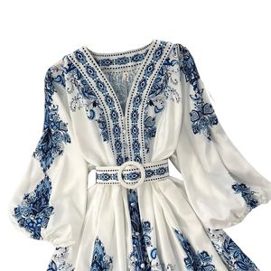 Damesjurk Fashion jurk bloem geprinte whitedress beroemde hete designer jurken zomer v nek casual losse vaste kleding blauw strand kleding maat s-xl