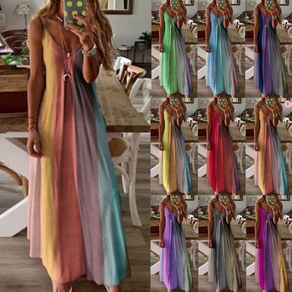 Vestido de mujer Damas Tallas grandes Raya suelta Sin mangas Cuello en V Largo Maxi Estilo de moda casual Cuello en V