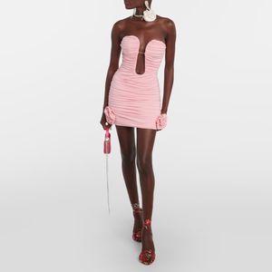 Damesjurk roze Deep-V strapless geplooide mini-jurk
